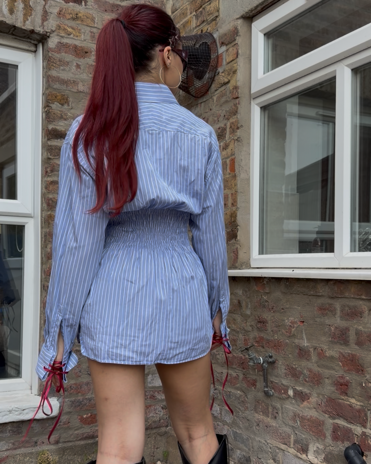 Ruched Waist Blue Pinstripe Shirt